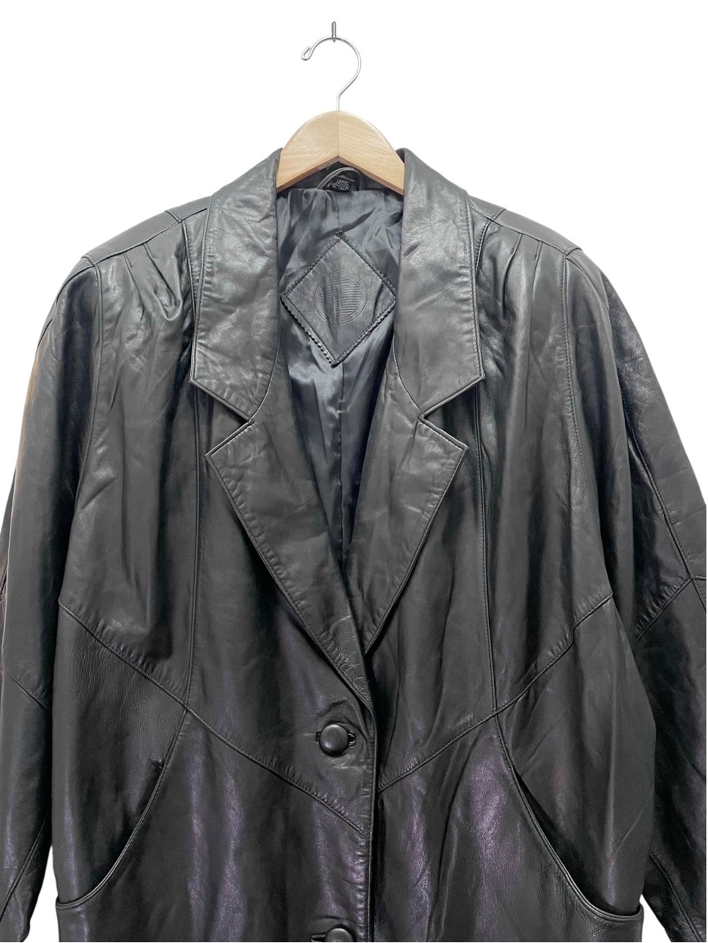 Vintage Jacqueline Ferrar Leather Trench Coat Women’s Large Black Longline 90s - Picture 8 of 12